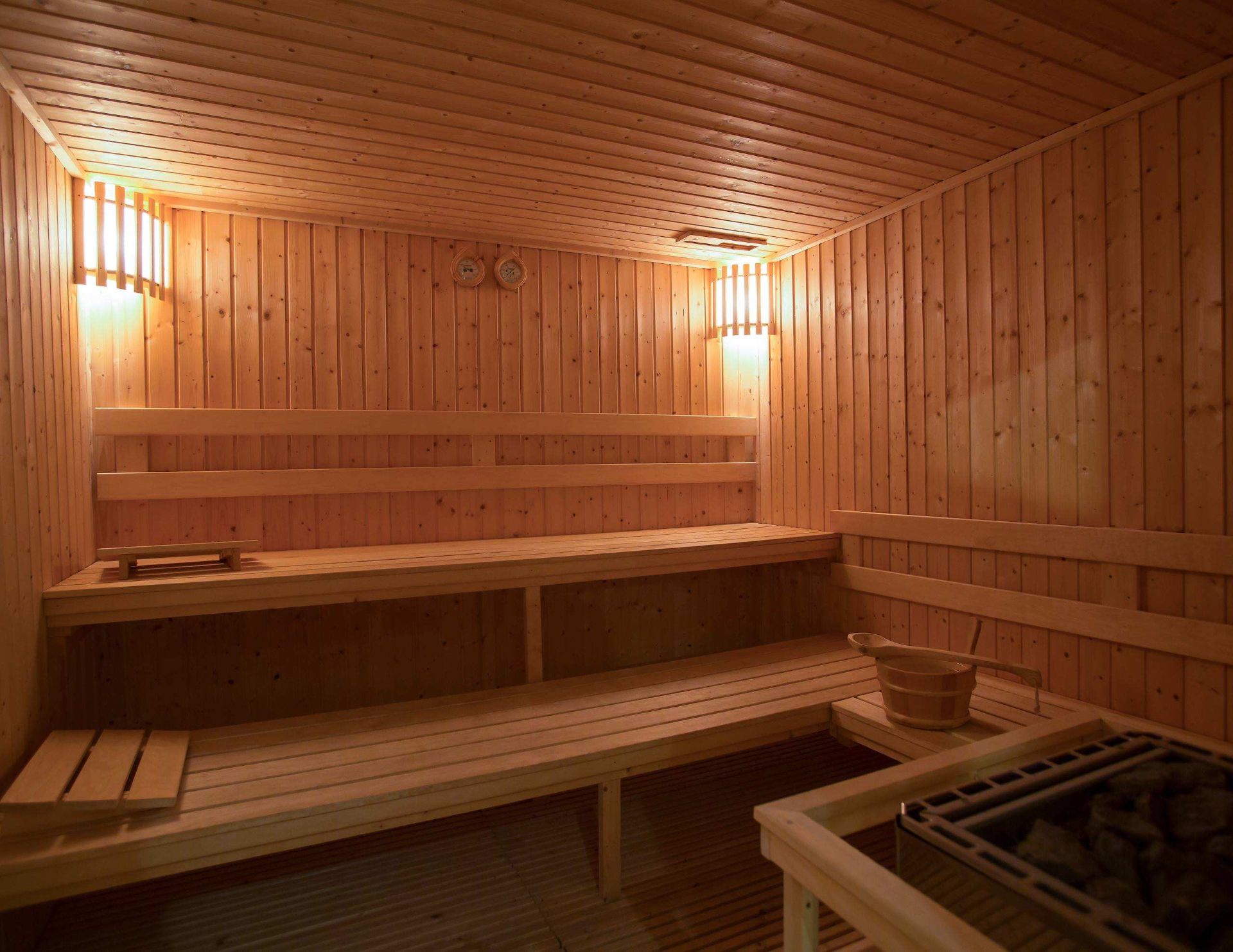 Warm cedar sauna with tiered benches