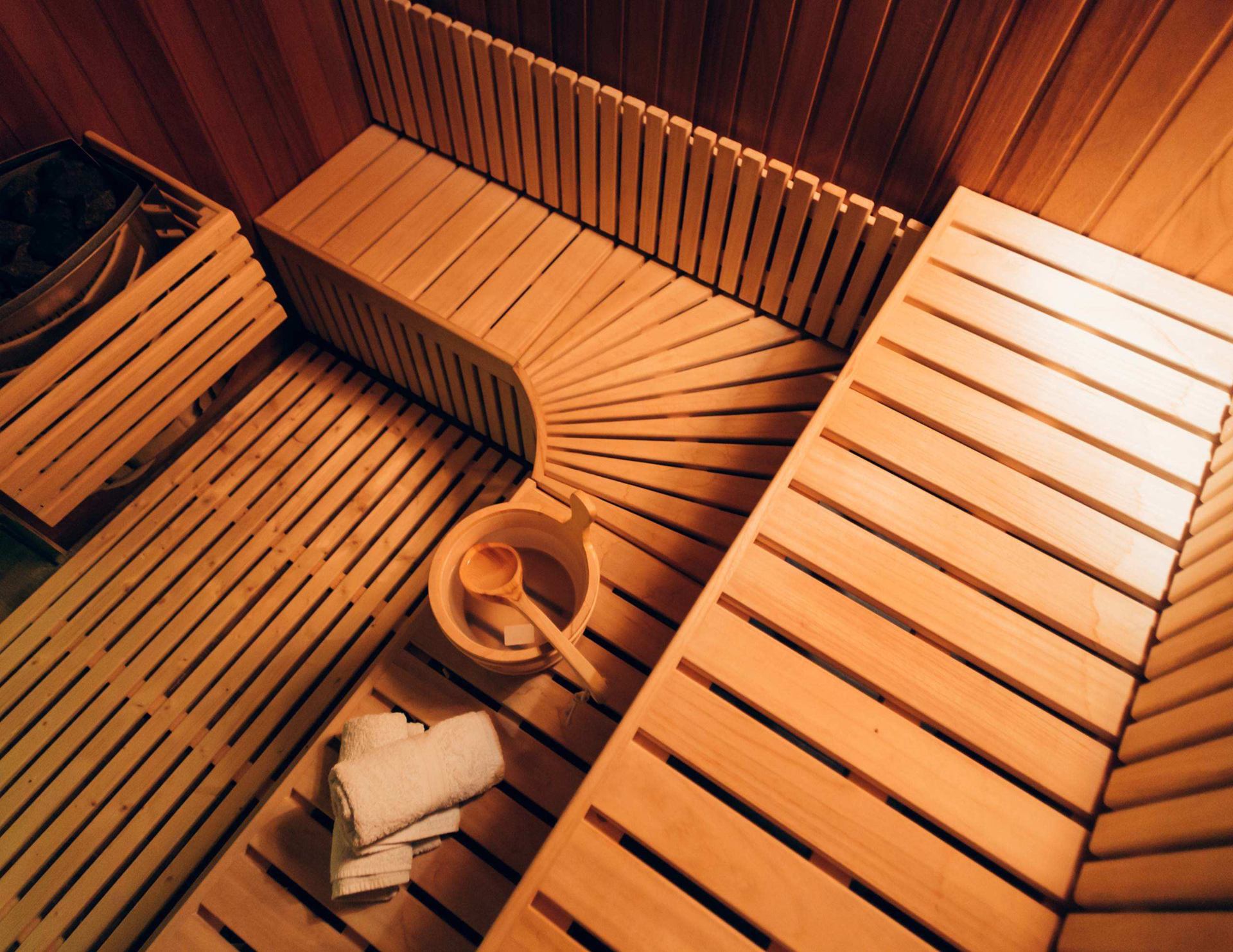 Cedar sauna interior viewed from above
