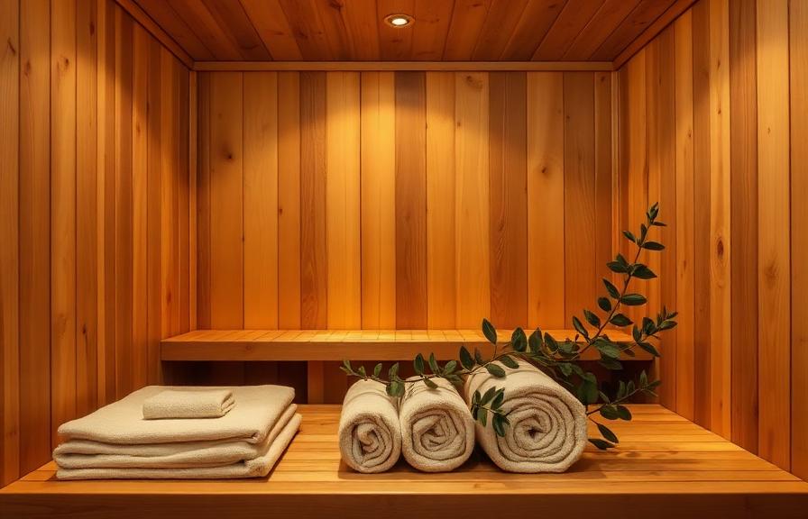 Cedar sauna with rolled towels